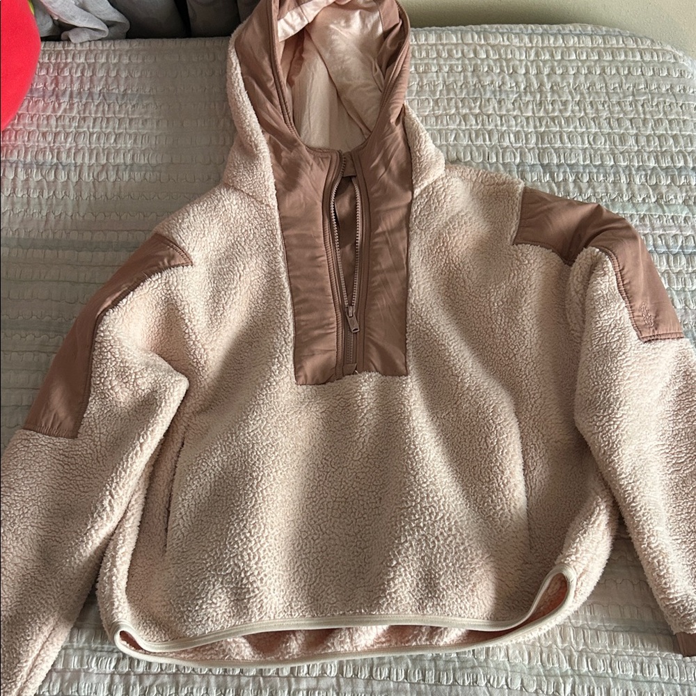 FP Movement by Free People Cream Sherpa Half-Zip Pullover with Taupe Trim